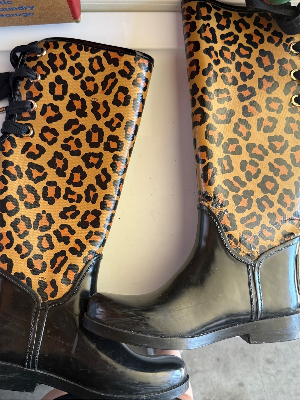 Coach Leopard Print Winter Rain Boots - Black & Tan 7